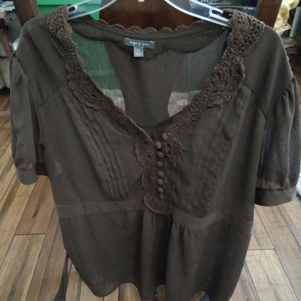 Apt. 9 Dark Brown Crochet Trim Blouse With Inner Tank